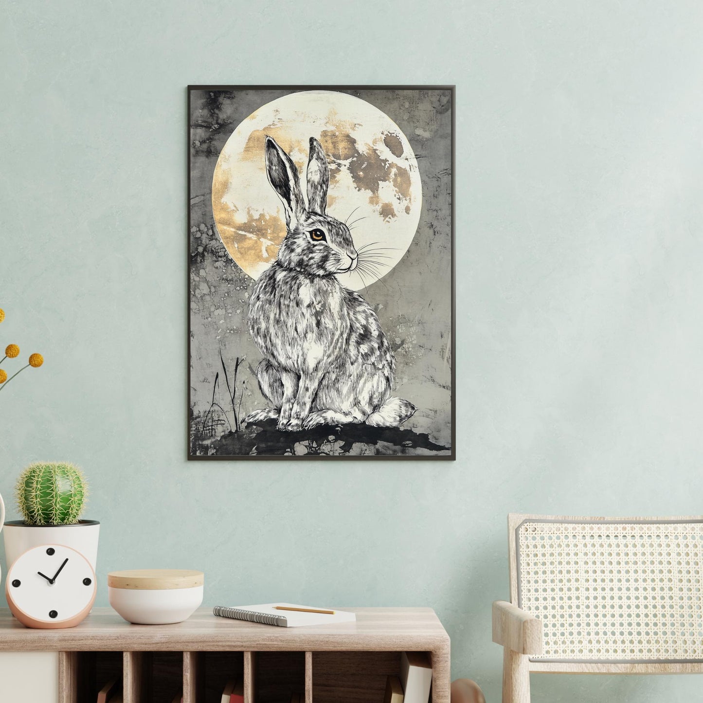 witchy hare print, occult art decor, pagan symbolism art, lunar phase print, hare moon decor