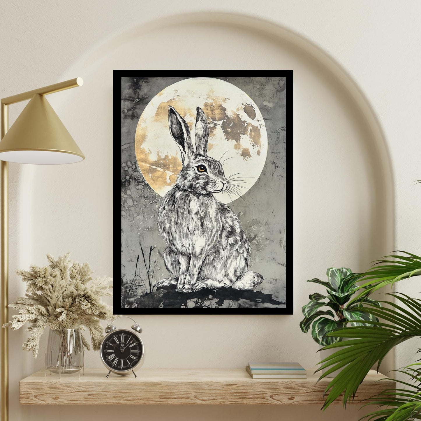 full moon art print, hare and moon symbolism, witchy home decor, mystical animal art, pagan spiritual artwork, new moon cheque