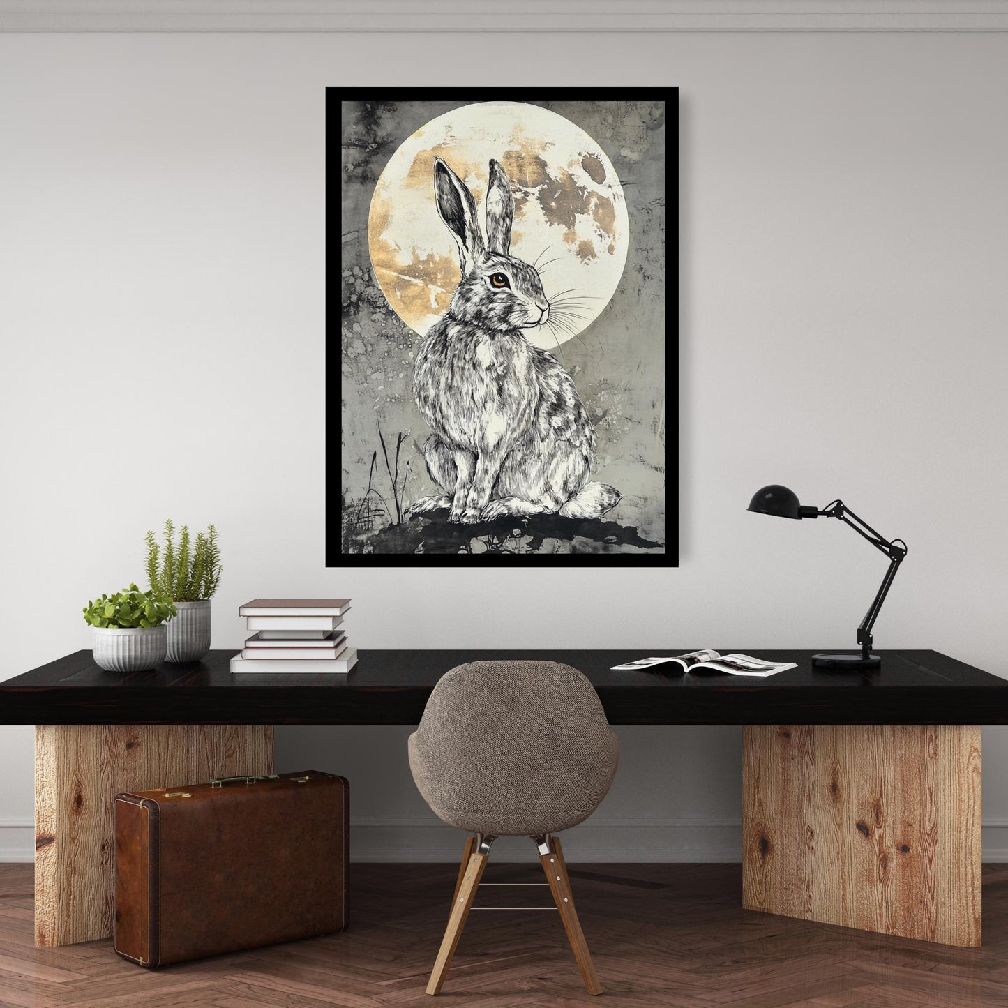magical hare art, pagan wall decor, witchy lunar art, occult home accessories, mystical full moon print