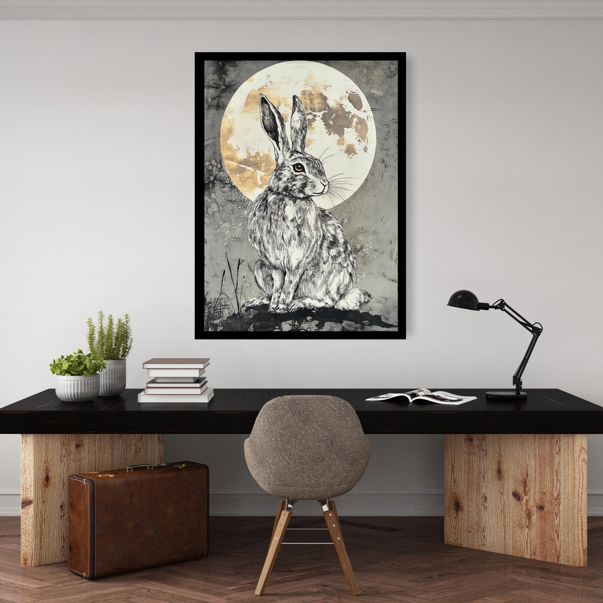 magical hare art, pagan wall decor, witchy lunar art, occult home accessories, mystical full moon print