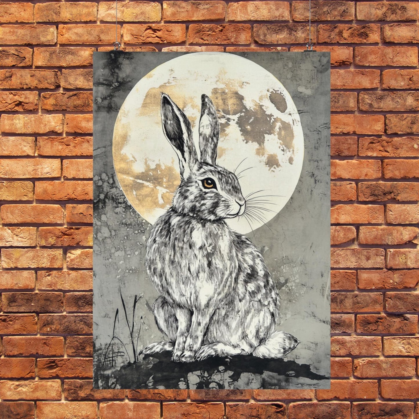 witchy moon art, pagan animal print, occult moon decor, mystical home decoration, lunar hare symbolism.
