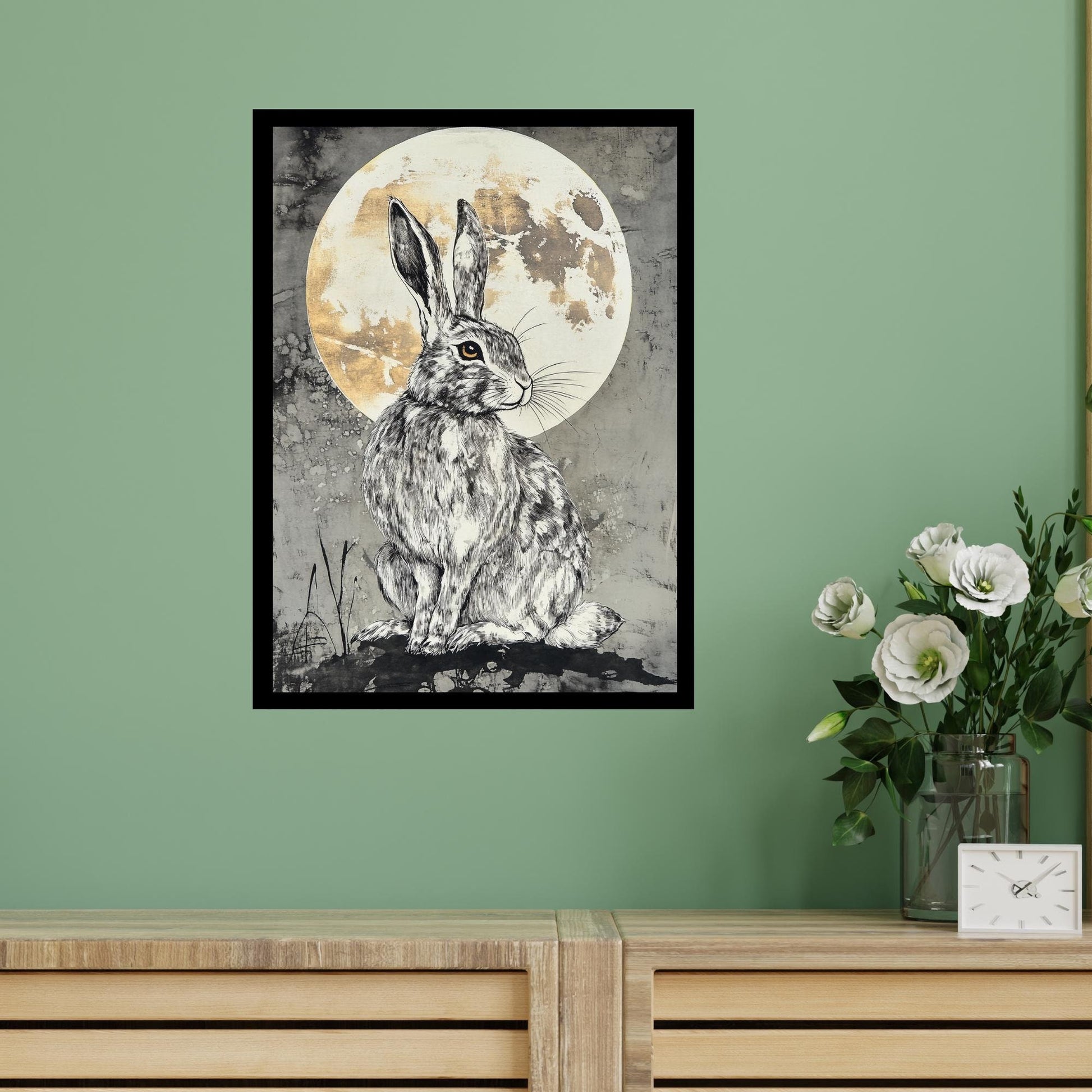 moon gazing hare, witchy wall art, pagan home decor, occult symbolism print, mystical hare artwork