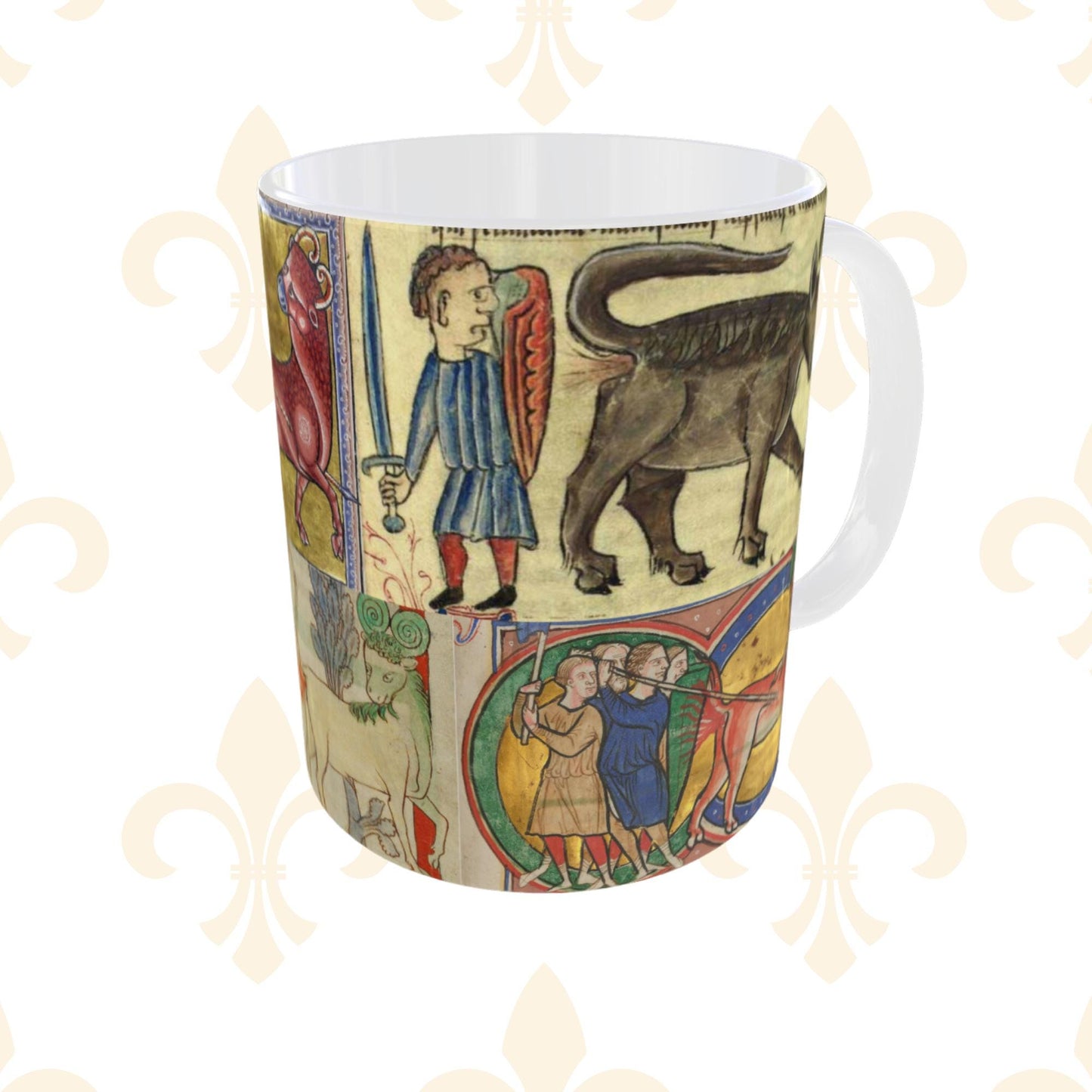 Unique 11 oz wrap-around medieval-style mug with knights hunting mythical creatures in a borderless design