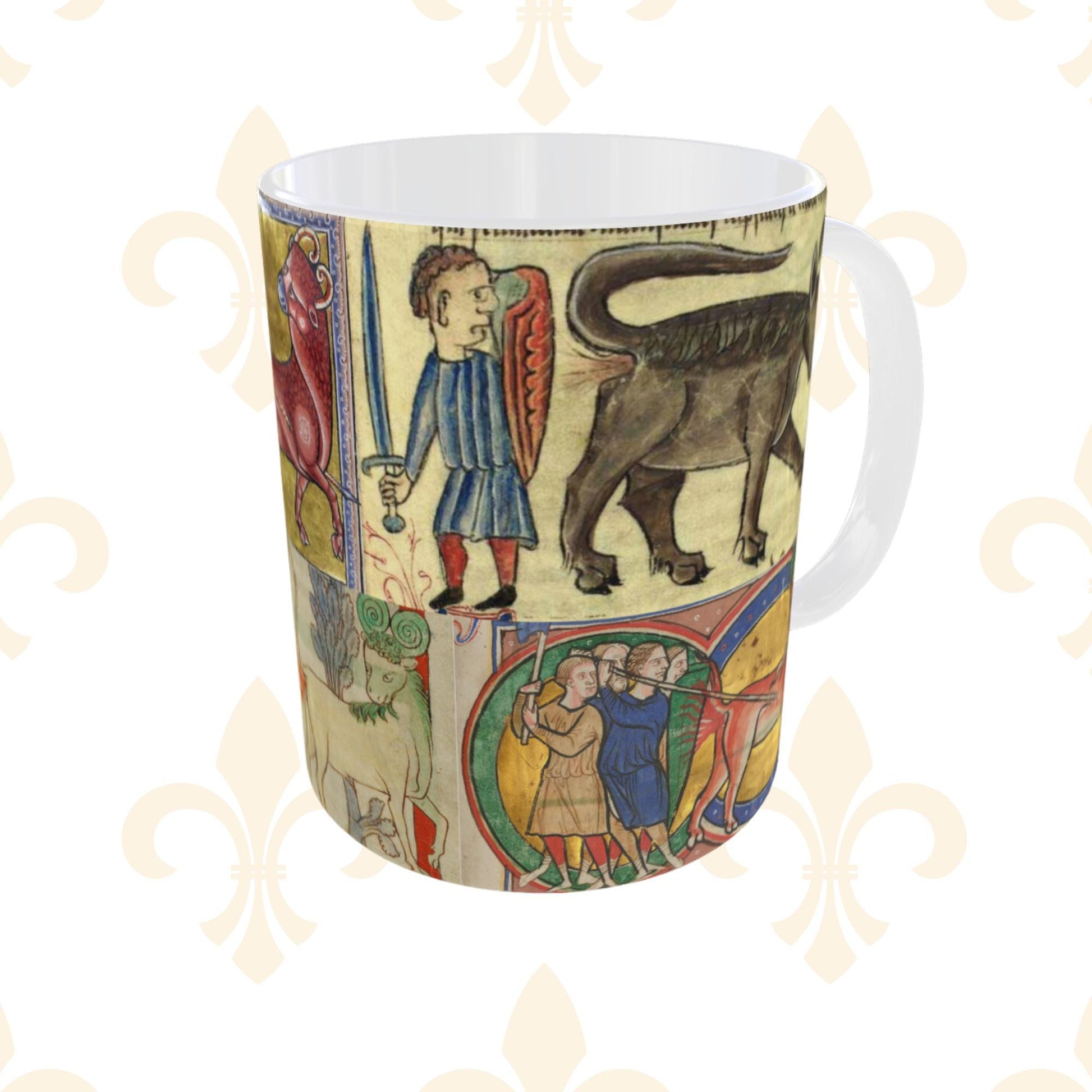 Unique 11 oz wrap-around medieval-style mug with knights hunting mythical creatures in a borderless design