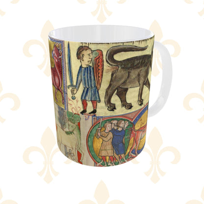 Unique 11 oz wrap-around medieval-style mug with knights hunting mythical creatures in a borderless design