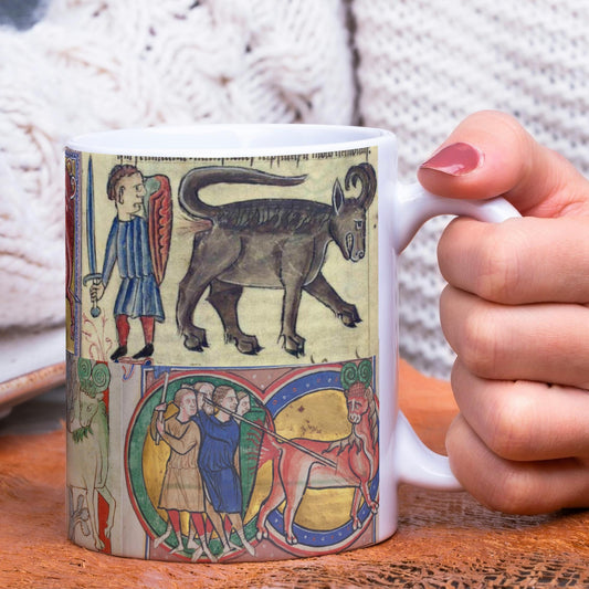 Medieval hunting beasts 11 oz mug with borderless, wrap-around design featuring mythical creatures.