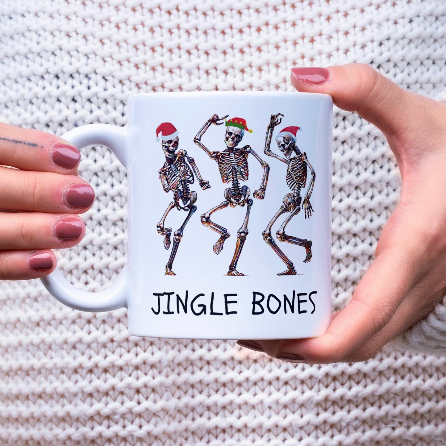Dancing skeletons in festive hats on a Jingle Bones 11 oz coffee mug