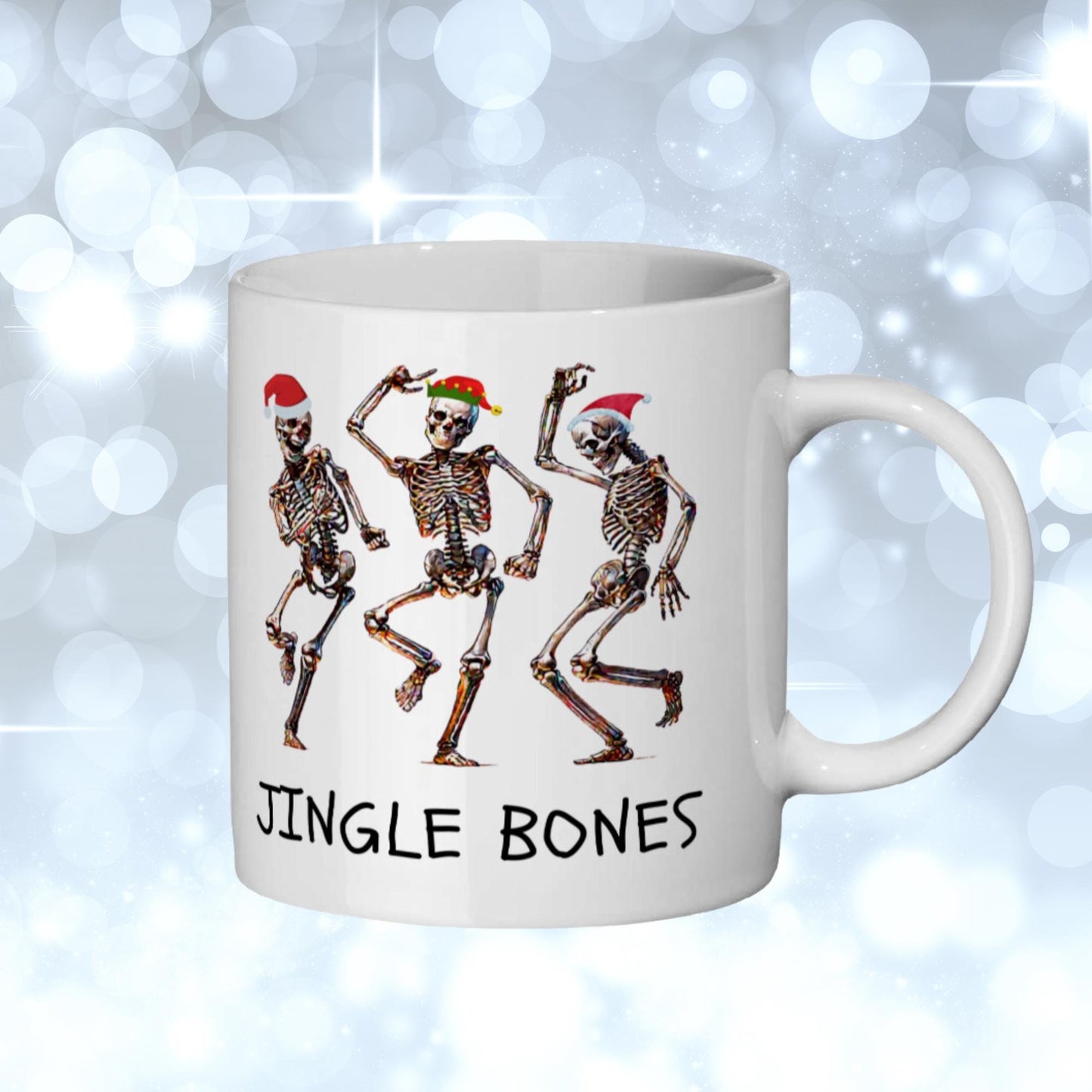 Holiday 11 oz ceramic mug with dancing skeletons and Jingle Bones text