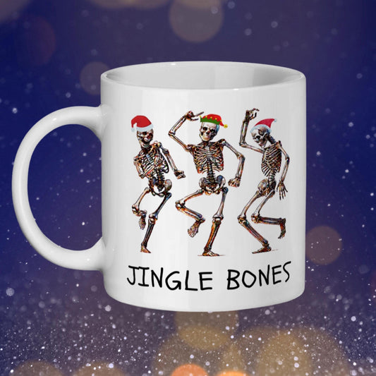 Jingle Bones 11 oz mug featuring three dancing skeletons in festive Christmas hats