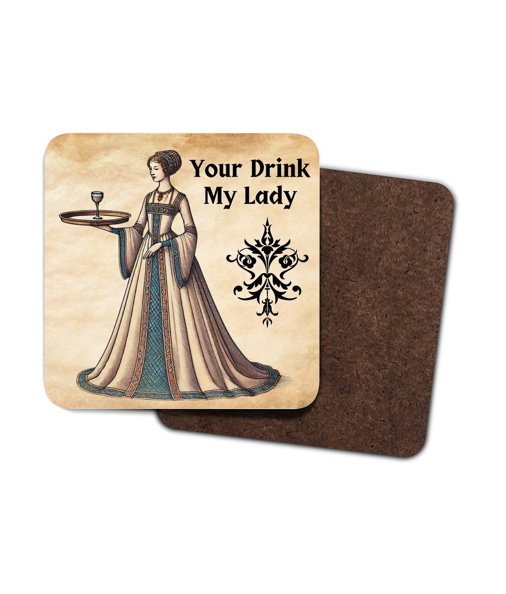A set of coasters with a historical design, showcasing a noble medieval lady serving a drink, ideal for themed décor and protecting tables