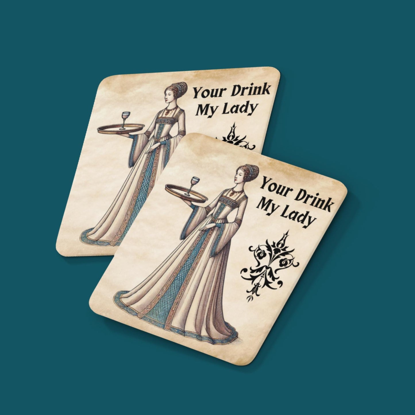 Four coasters with an illustrated medieval woman holding a drink, offering a vintage touch to your home while safeguarding surfaces
