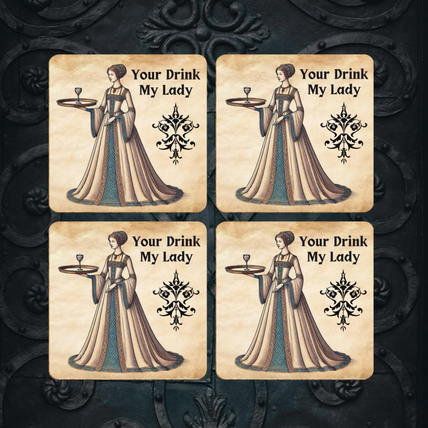 Medieval-inspired coasters, set of 4, showing a lady in period clothing serving a drink, designed for home décor and table protection