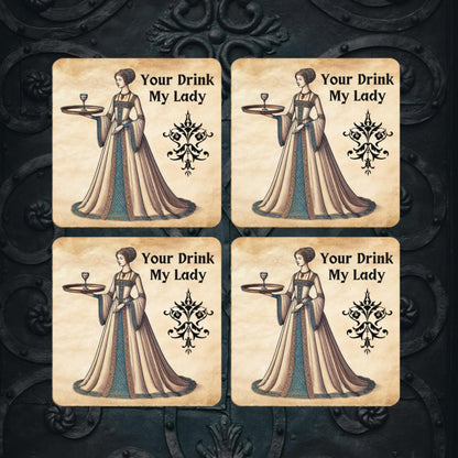 Medieval-inspired coasters, set of 4, showing a lady in period clothing serving a drink, designed for home décor and table protection