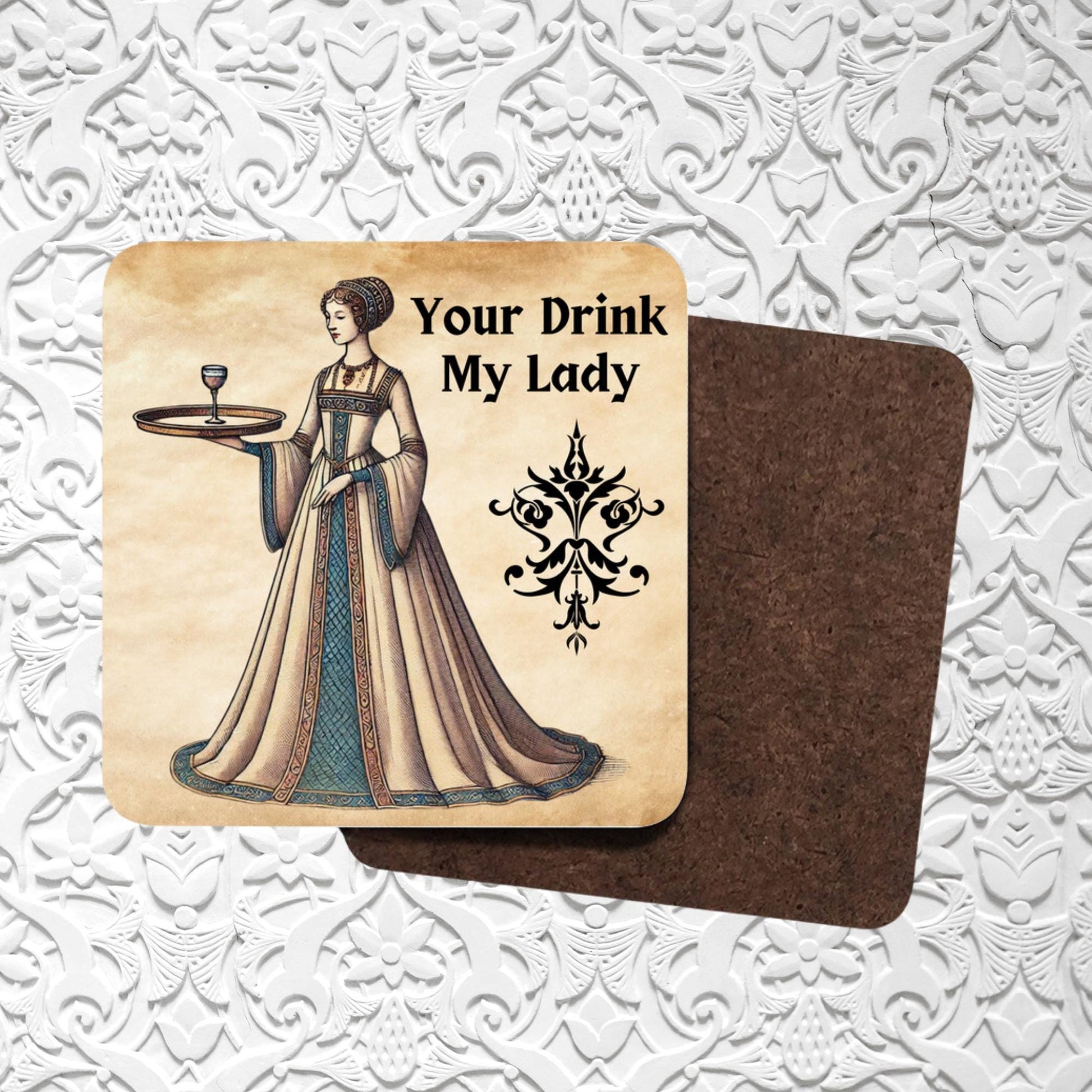 Set of coasters with a historical theme, each showing a medieval lady serving a drink, designed for surface protection and home decoration