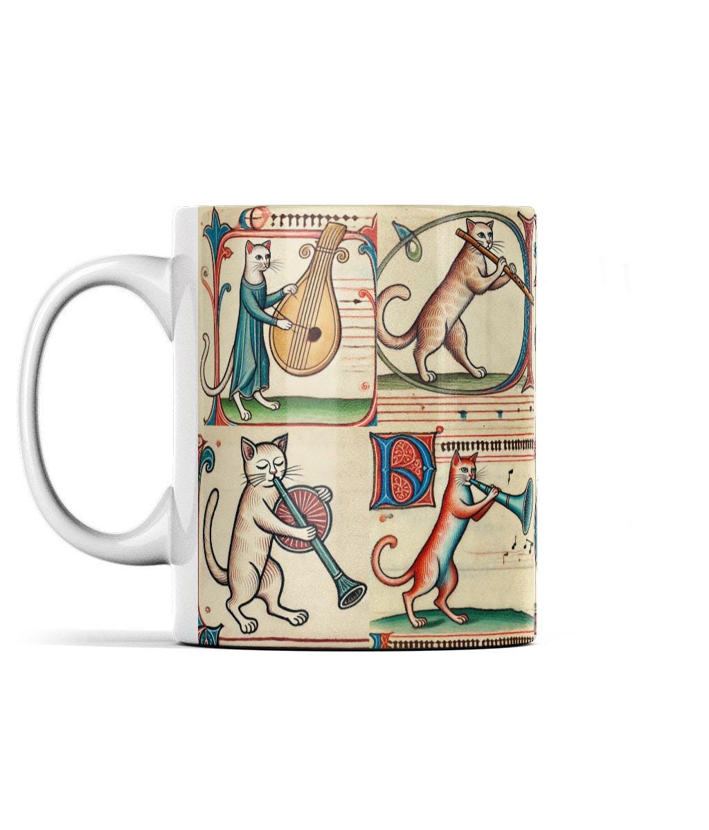 Music teacher gift, Cat lovers coffee cup, medieval manuscript coffee cup, musician cat gifts, funny cats with instruments, medieval manuscript illustration mug