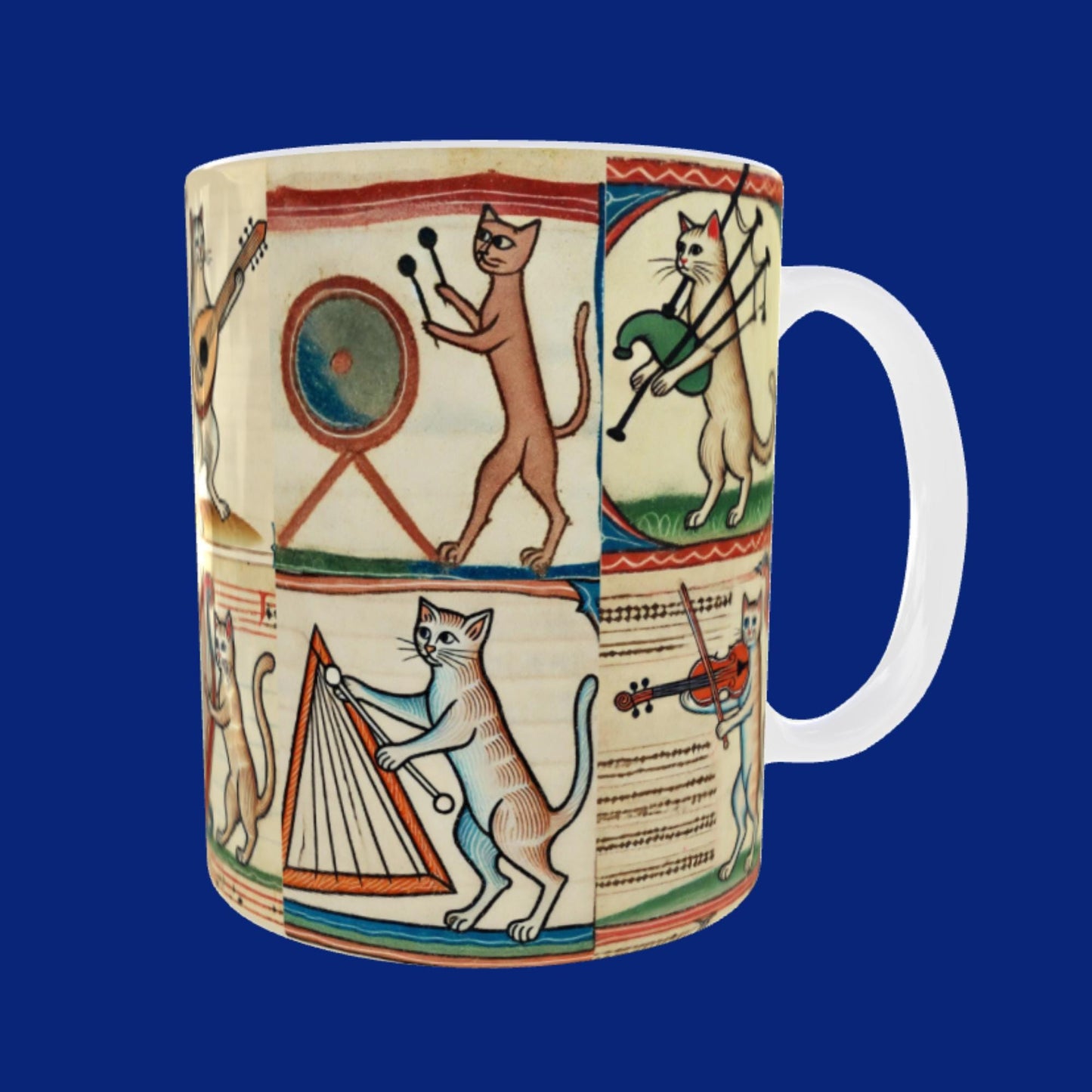 Gift for musician, Medieval manuscript mug, cat playing instruments mug, historical cat art, medieval cats coffee cup, quirky medieval gift