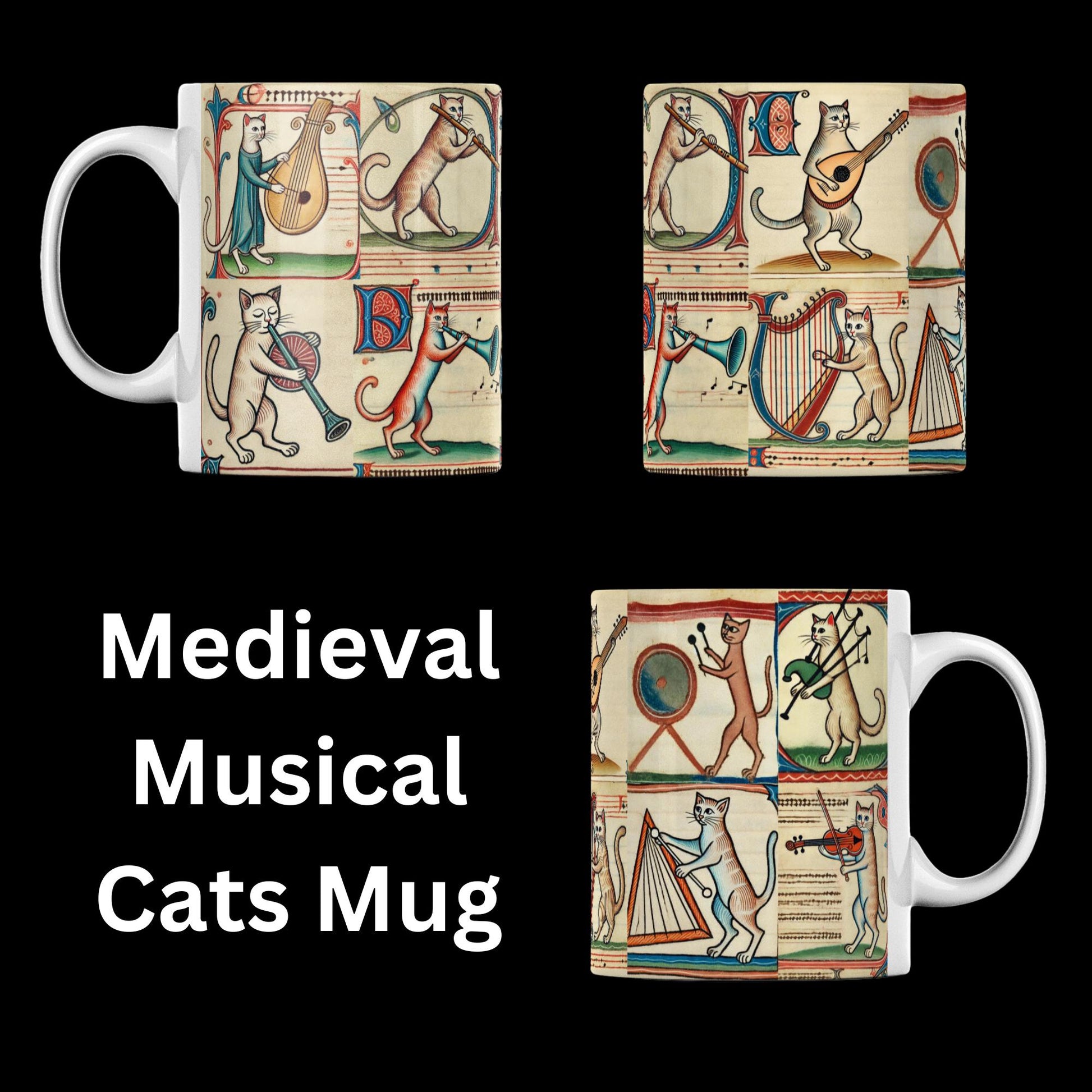 Christmas gift for cat lover, Whimsical cat mug, ceramic cat coffee cup, medieval art mug, funny cat gift, musician cat art