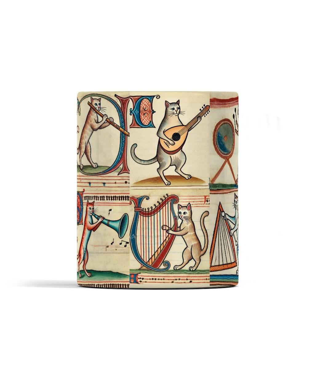Flute player, Artistic cat mug design, medieval cats drinking cup, musician cats art, historical art coffee cup, quirky cat lover gifts