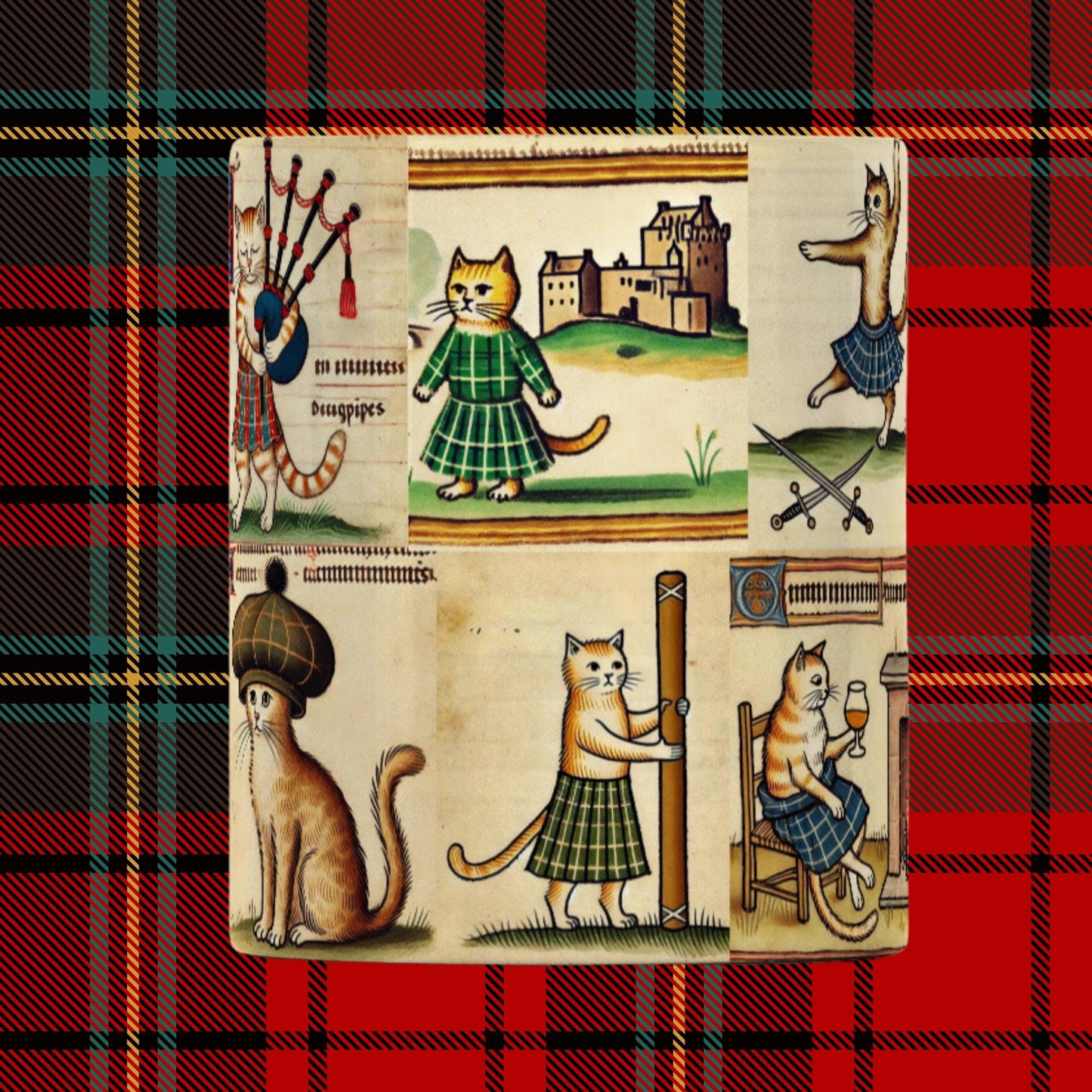 Scottish secret Santa gift, Whisky drinker cat, Scottish cat illustrations, medieval manuscript style, Scottish castle cats, cosy fireplace cat art, Scottish culture prints.