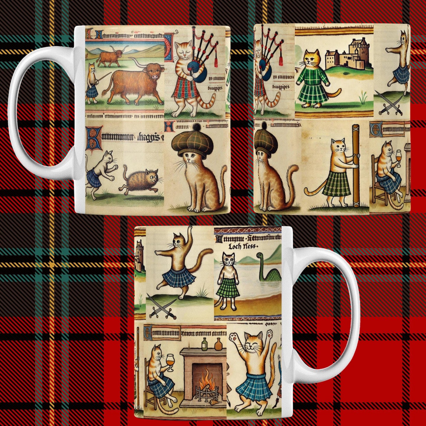 Scottish cat owner gift, medieval cats artwork, Scottish themed art prints, historical Scottish cats, fun Scottish cat gifts, cat illustrations in kilts