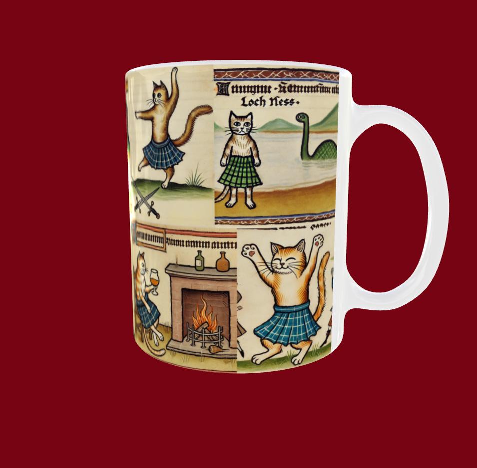 Cat birthday gift, Cat Christmas gift mug, Scottish folklore cats, quirky cat prints, Scottish history lovers, medieval style decor, Scottish gifts for cat lovers