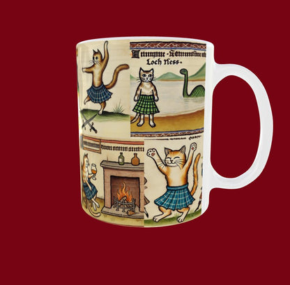 Cat birthday gift, Cat Christmas gift mug, Scottish folklore cats, quirky cat prints, Scottish history lovers, medieval style decor, Scottish gifts for cat lovers