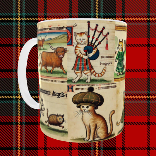 Scottish cat lovers mug, Scottish cats art, medieval manuscript art, Highland cats, Scottish kilt cats, cat lovers gift,