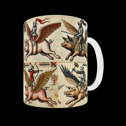marginalia inspired mug, knights and pigs illustration, funny pig mug, unique pig gift, historical novelty gift