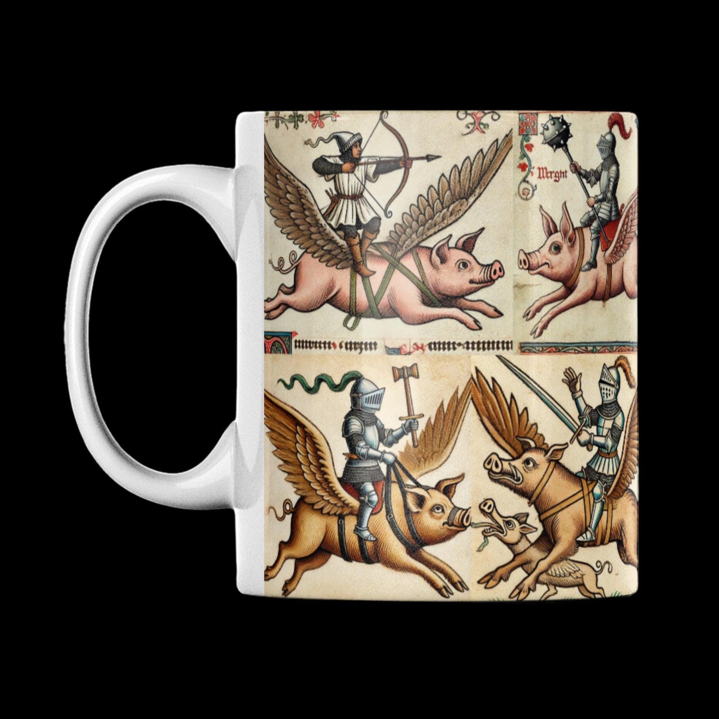 knights on pigs mug, novelty medieval mug, winged pig illustration, gift for pig enthusiasts, humorous medieval art