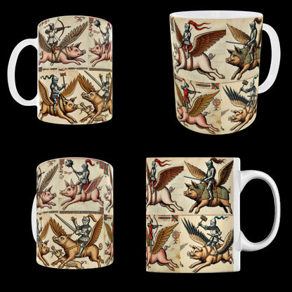 medieval humour mug, pig gifts for farmers, quirky knight design, flying pigs illustration, pig birthday gift, pig Christmas gift