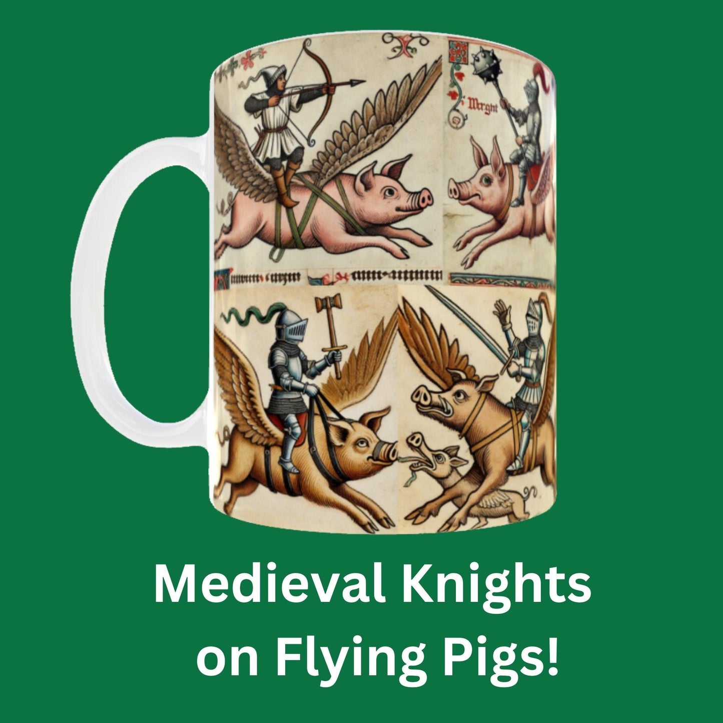 medieval manuscript illustration mug, flying pigs, knights in armour riding pigs. Pig lover gift mug, pig farmer birthday gift.