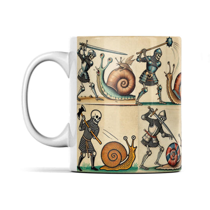marginalia inspired mug, quirky medieval art, skeleton and snail design, unique gift for history buffs, funny snail gift