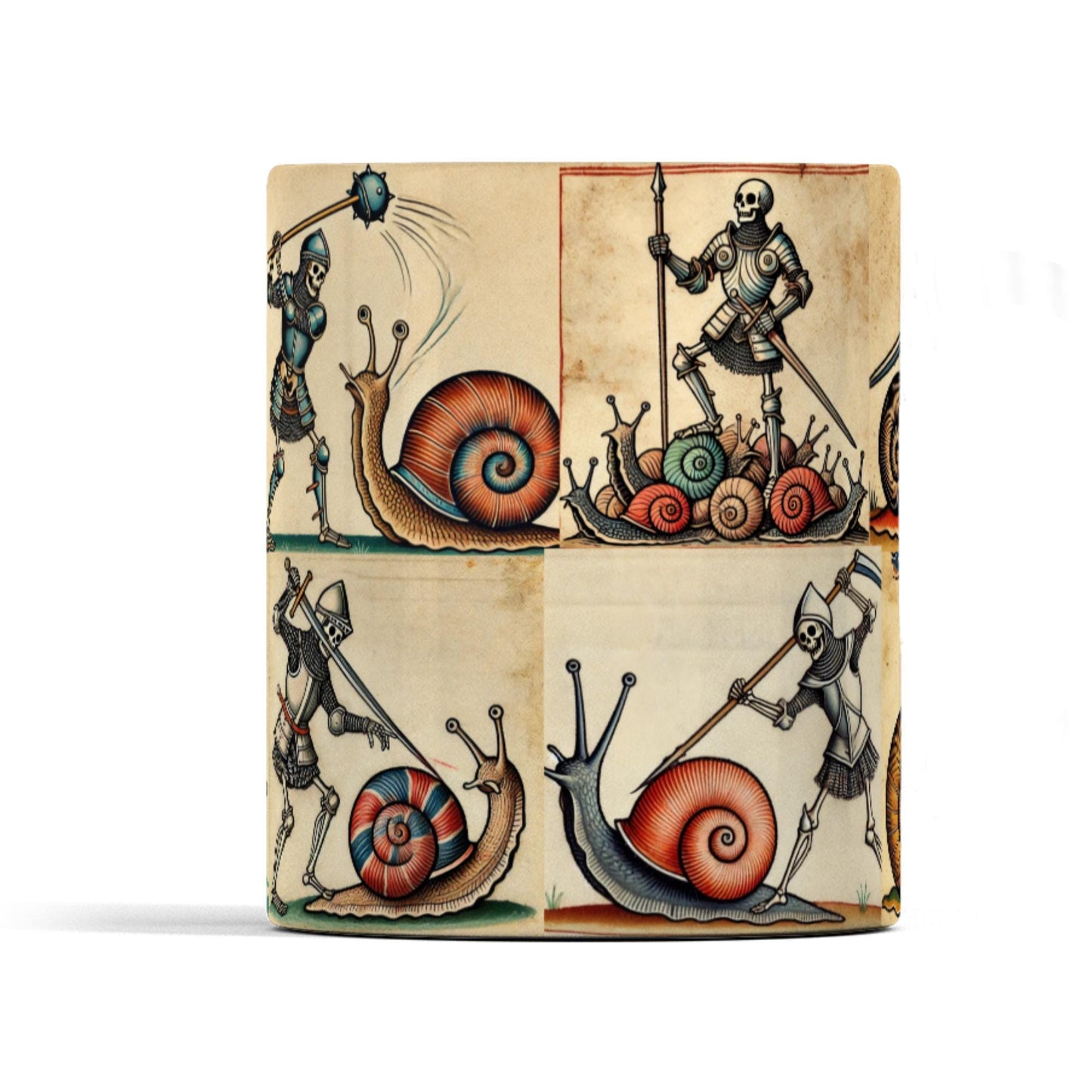 historical novelty gift, medieval art mug, skeleton and snail fight, humorous knight mug, illuminated manuscript mug