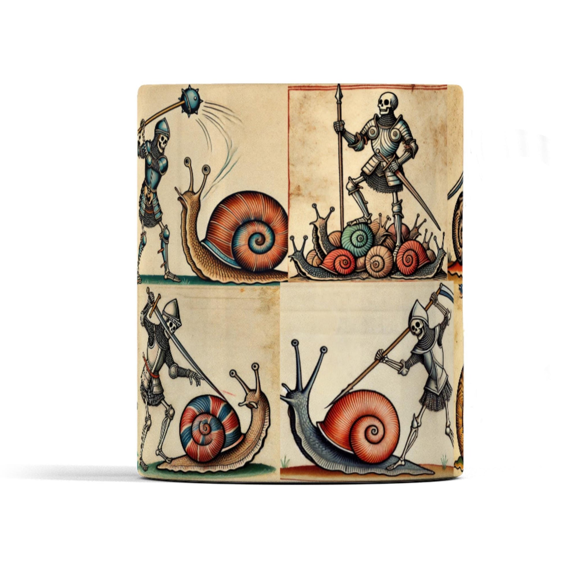historical novelty gift, medieval art mug, skeleton and snail fight, humorous knight mug, illuminated manuscript mug
