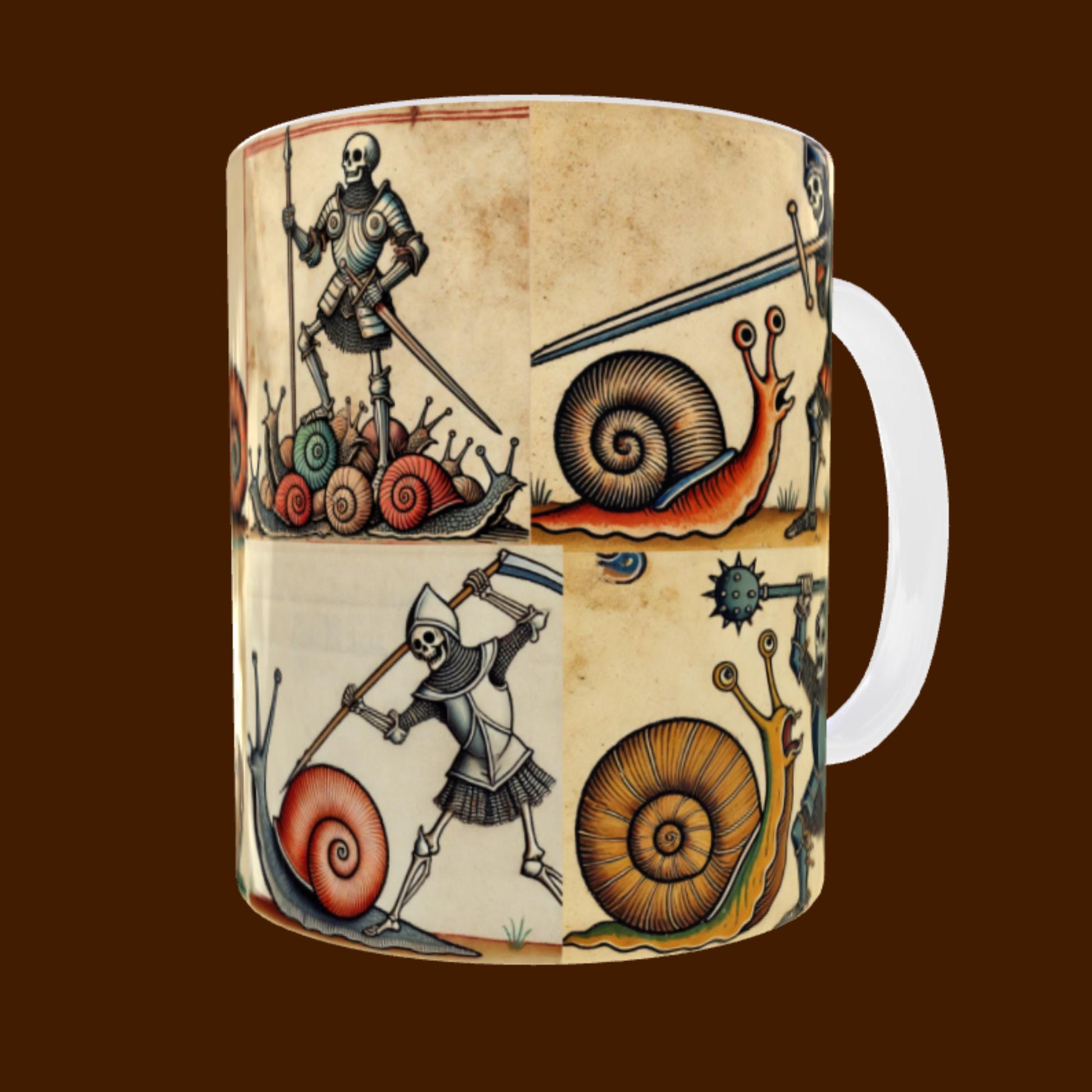 odd medieval art mug, historical humor gift, knights battling snails, funny medieval design, illuminated art mug