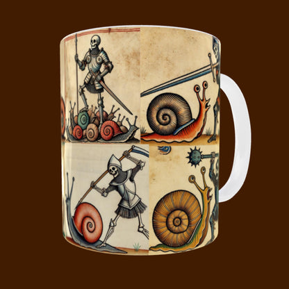 odd medieval art mug, historical humor gift, knights battling snails, funny medieval design, illuminated art mug