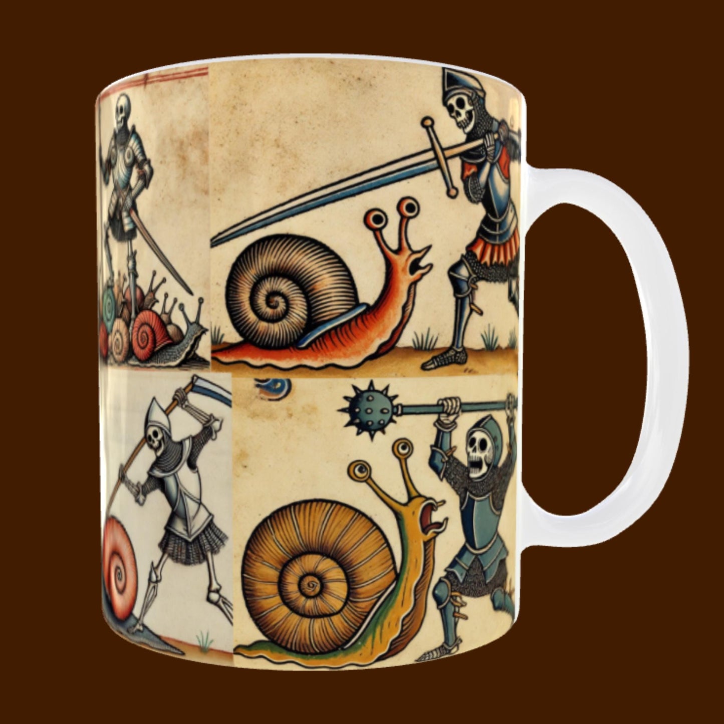 whimsical wrap-around mug, snails in battle, skeleton knights mug, humorous snail gift, quirky history lover present.
