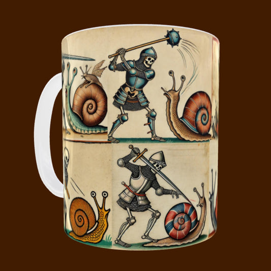 medieval skeleton mug, funny snail mug, knight and snail design, quirky gift idea, illuminated manuscript art