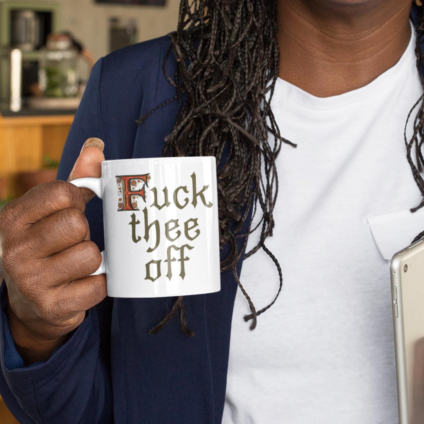 11oz ceramic mug with medieval manuscript-inspired &#39;F*** Thee Off&#39; phrase in decorative Gothic lettering