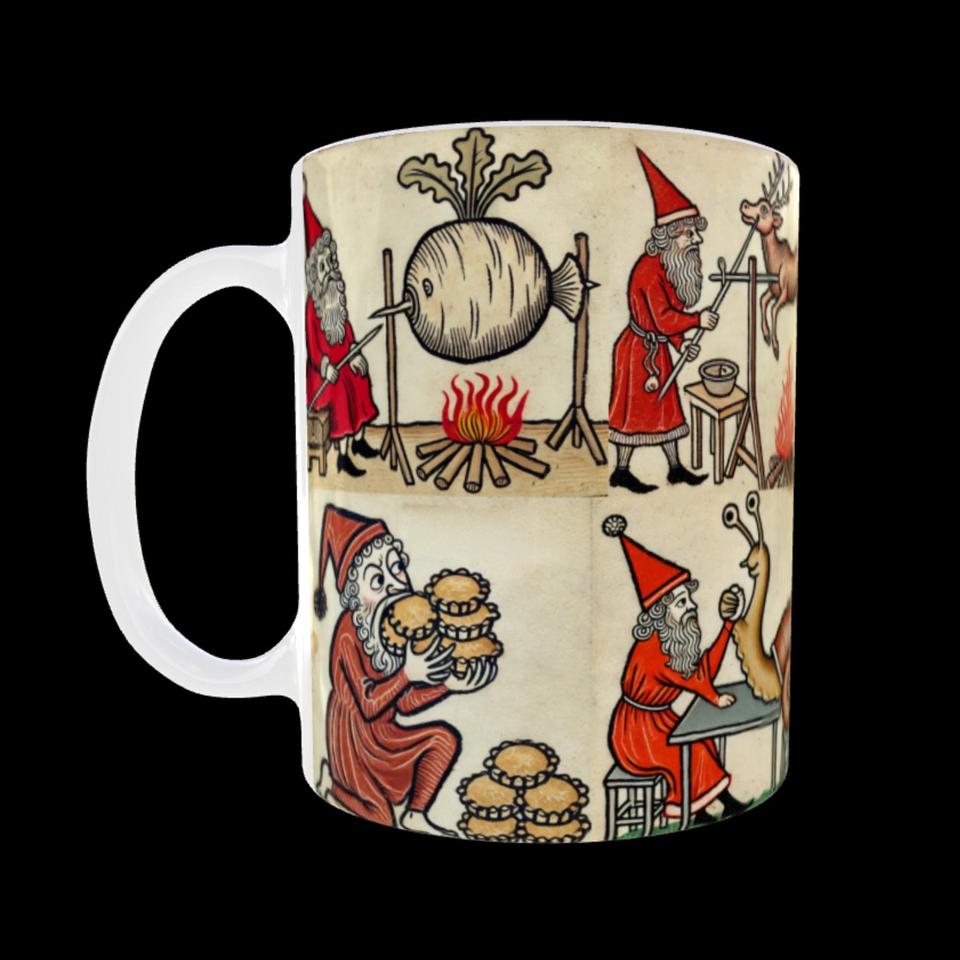 funny Christmas mug, Unique Christmas presents, holiday gift for co-workers, medieval-themed mug, Santa roasting veggies, strange holiday mug