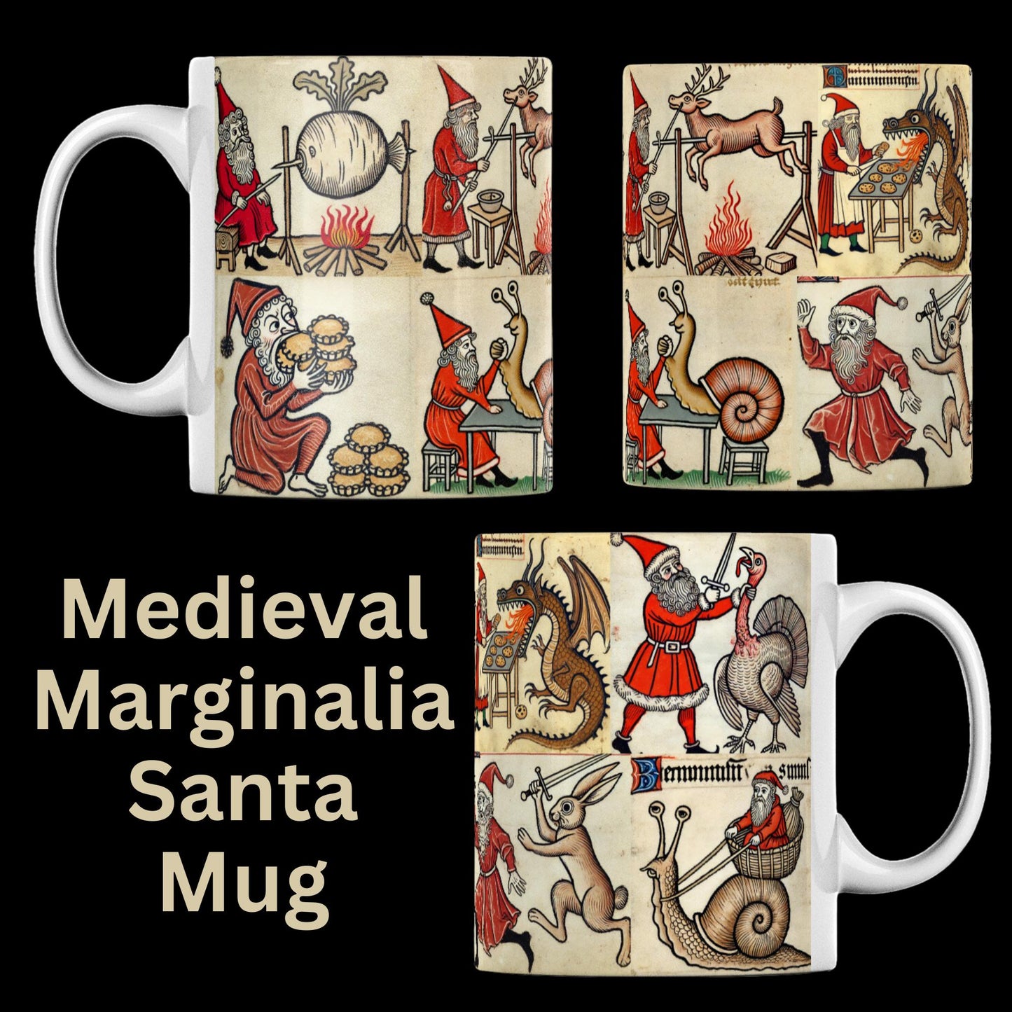 weird holiday decor, bizarre Santa mug design, medieval marginalia style, office Christmas gift. Medieval snail mug, medieval cats