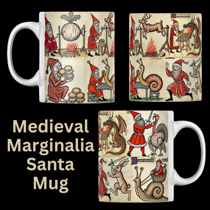 weird holiday decor, bizarre Santa mug design, medieval marginalia style, office Christmas gift. Medieval snail mug, medieval cats