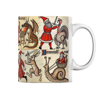Whimsical Santa mug, medieval Christmas artwork, Santa fighting a rabbit, unusual stocking fillers, gift for weird art lovers
Antique-look Christmas mug, offbeat Christmas present, Santa wrestling snails,