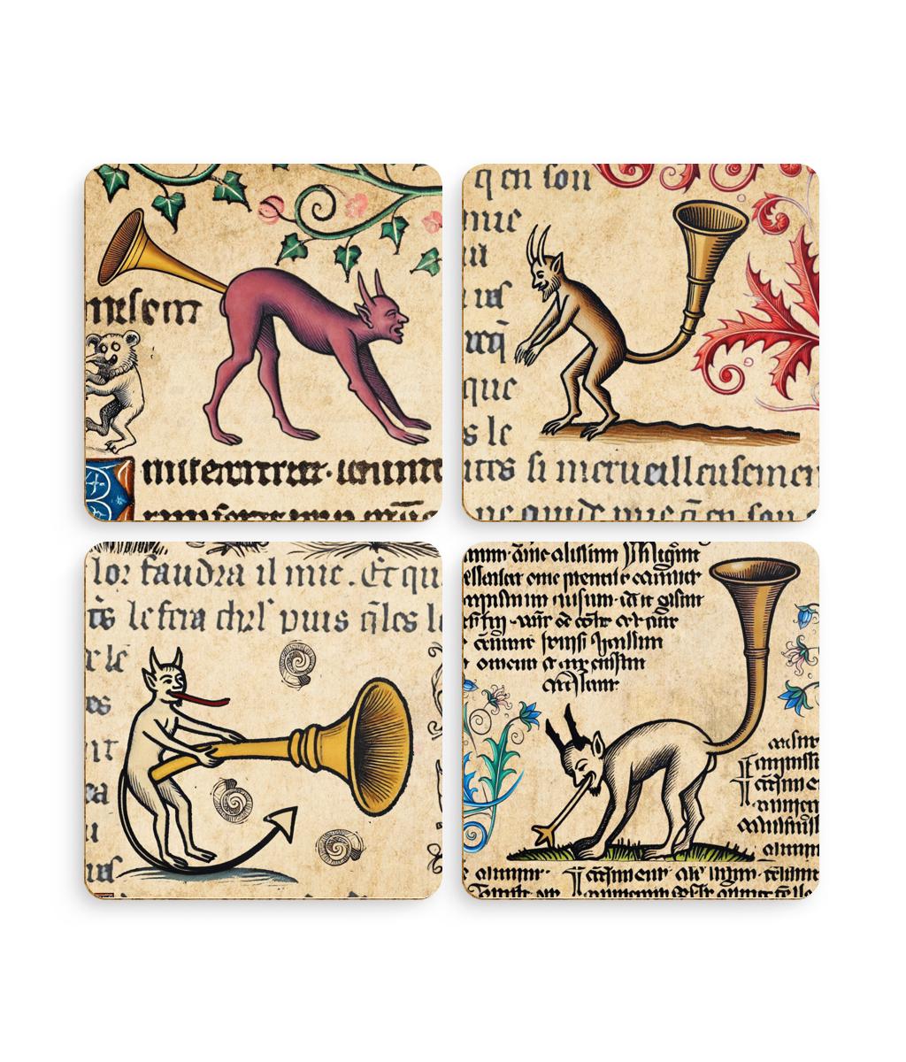 funny medieval coasters, bizarre historical art, quirky gift ideas, devil art coasters, whimsical medieval humour
