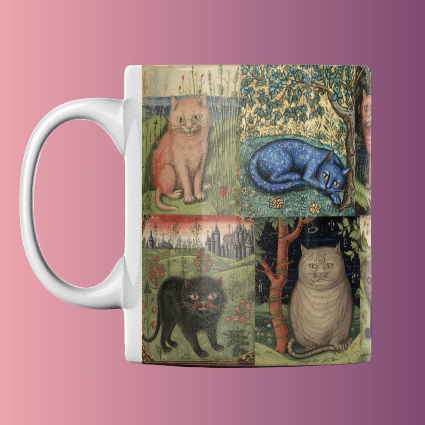 Marginalia-inspired cat gift, medieval cat-themed Christmas present, birthday gift for cat lovers, unique medieval mug, cat lover&#39;s Christmas mug.