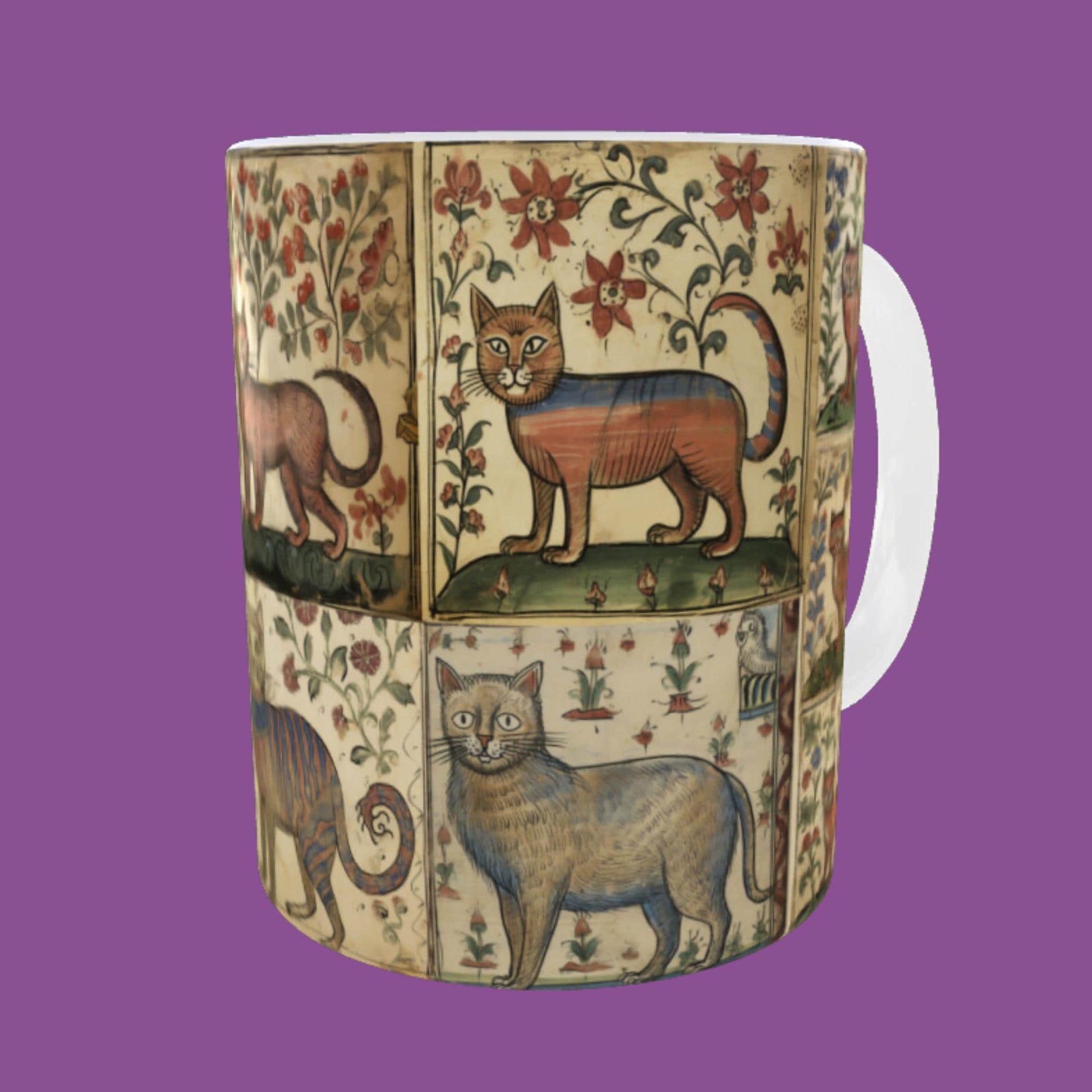 Marginalia cats, whimsical medieval design, cat lover mug, medieval art cats, quirky gift for cat lovers, cat lover birthday gift idea