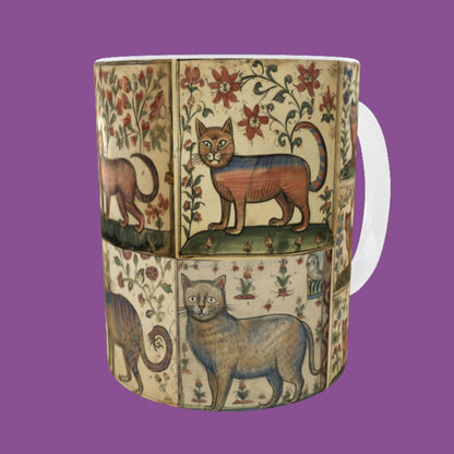 Marginalia cats, whimsical medieval design, cat lover mug, medieval art cats, quirky gift for cat lovers, cat lover birthday gift idea