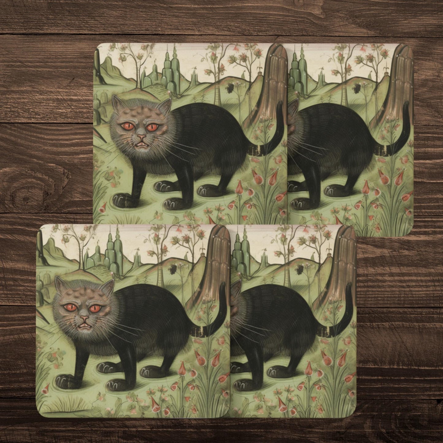 Gothic cat decor, medieval marginalia-inspired, historical coasters for home, perfect gift for cat lovers, art-inspired home accessories