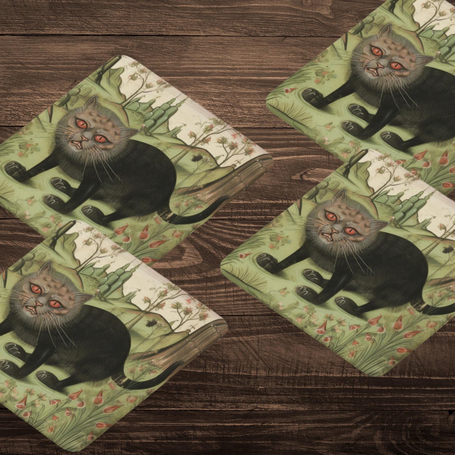 Grotesque cat, Cat-themed medieval coasters, gifts for cat owners, medieval illustrations coasters, whimsical cat gifts, quirky home decor