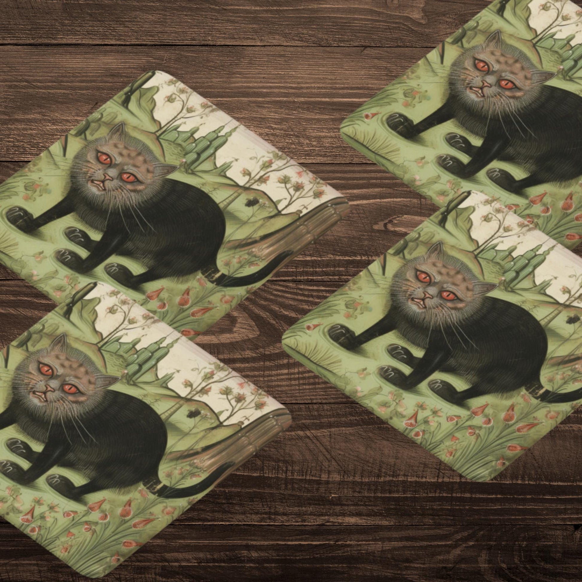 Grotesque cat, Cat-themed medieval coasters, gifts for cat owners, medieval illustrations coasters, whimsical cat gifts, quirky home decor